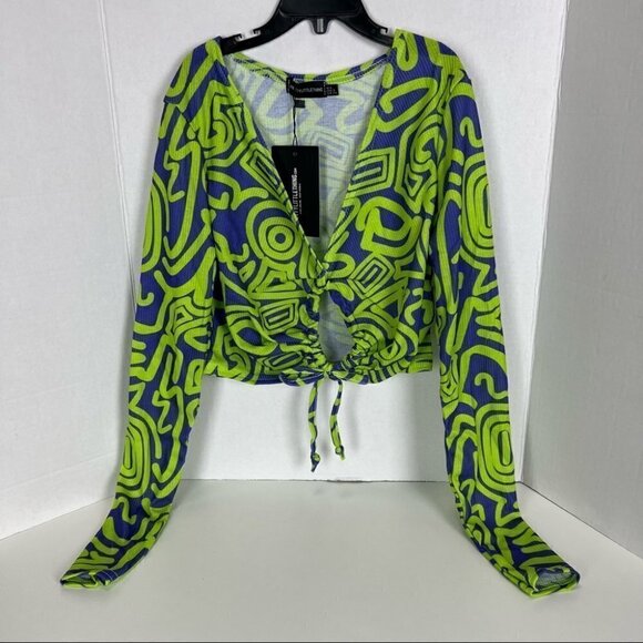 Nwt - Prettylittlething Blue Print Drawstring Front Long Sleeve Crop Top. Size:2 - Picture 1 of 13
